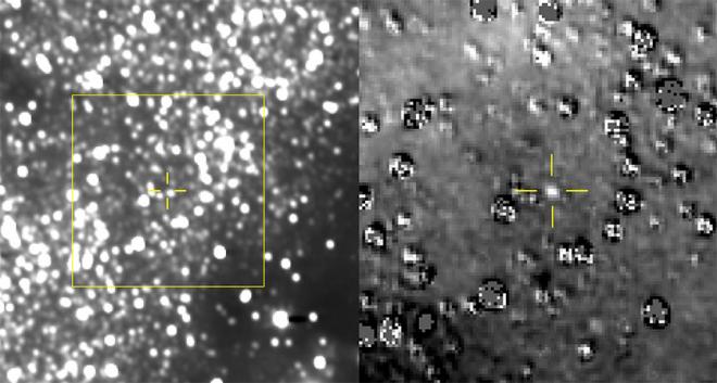 নিউ হরাইজনের চোখে বিন্দুর মতো ধরা পড়েছে আলটিমা থুলে বা 2014 MU69 গ্রহাণু (বামে)। ছবি থেকে নক্ষত্রগুলোকে মুছে ফেলার পরে গ্রহাণুটি আরও ভালোভাবে প্রতীয়মান হচ্ছে (ডানে)। হলুদ চিহ্ন দ্বারা এর অবস্থান সম্পর্কে দেখানো হয়েছে। ছবি সূত্র: NASA, JHUAPL, SWRI
